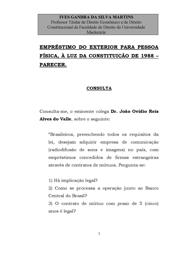 EMPRÉSTIMO DO EXTERIOR PARA PESSOA FÍSICA, À LUZ DA CONSTITUIÇÃO DE 1988 – PARECER 0199/92